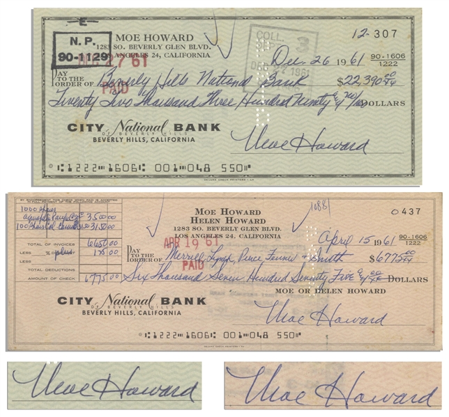 Moe Howard Lot of Two Checks Signed: Dated 15 April 1961 Measuring 8.25'' x 3'' &  Dated 26 December 1961, Standard Check Size -- Very Good Condition